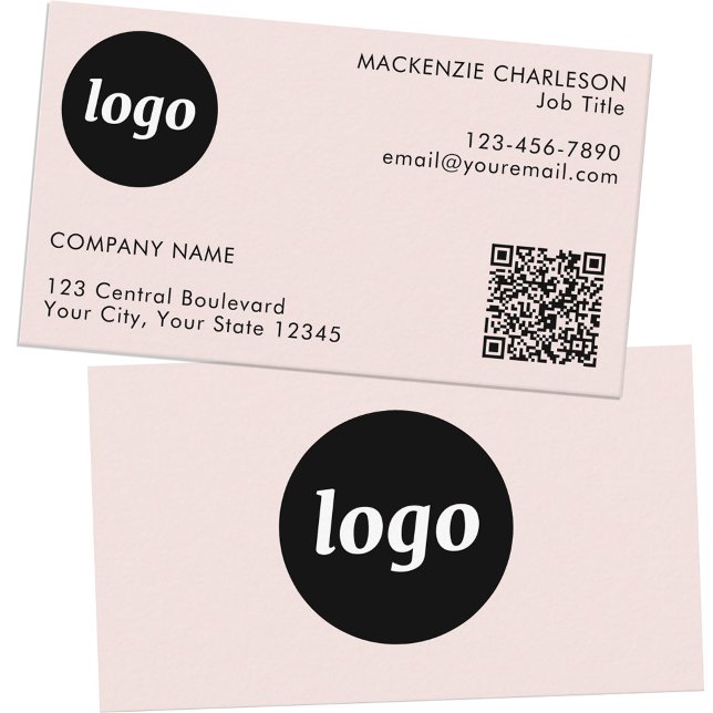 Carte De Visite Code QR Simple Logo et Texte Rose Pâle (Logo with QR code and custom text blush pink business cards)