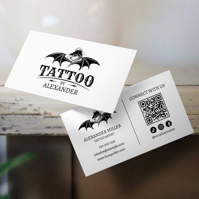 Carte De Visite Code QR Simple Moderne Blanc Artiste Tatoueur Drag (Créateur téléchargé)
