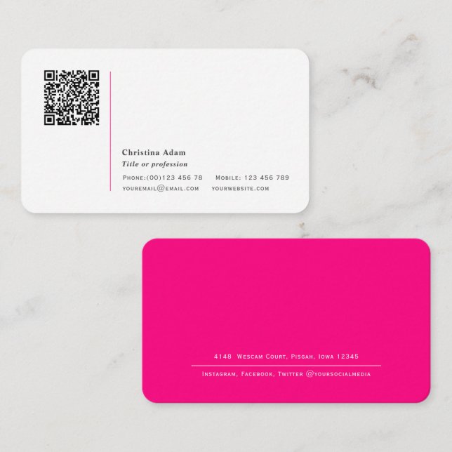 Carte De Visite Code QR Simple moderne Hot Pink Professional (Devant / Derrière)