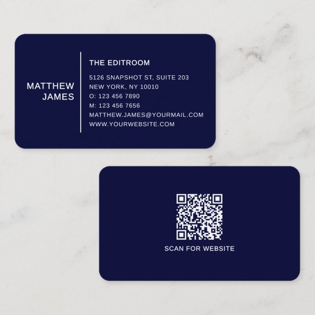 Carte De Visite Code QR simple moderne minimal bleu blanc (Devant / Derrière)