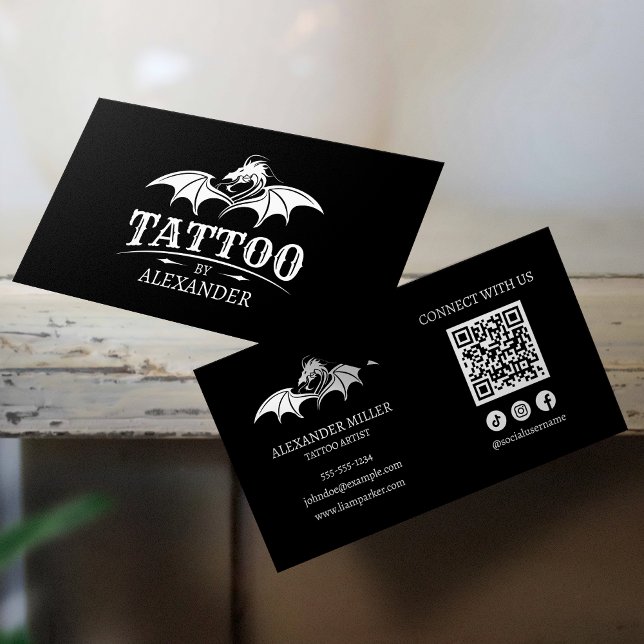 Carte De Visite Code QR Simple Moderne Noir Artiste Tatoueur Drago (Créateur téléchargé)