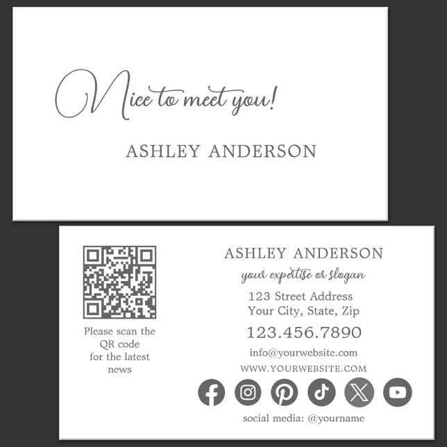 Carte De Visite Code QR Simple Réseaux Sociaux Charbon (Modern minimalist business card in a simple style in charcoal colors - QR code - social media)