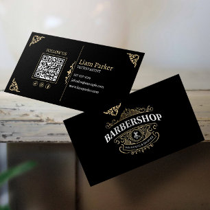 Carte De Visite Code QR Simple Vintage Brun Clair BarberShop