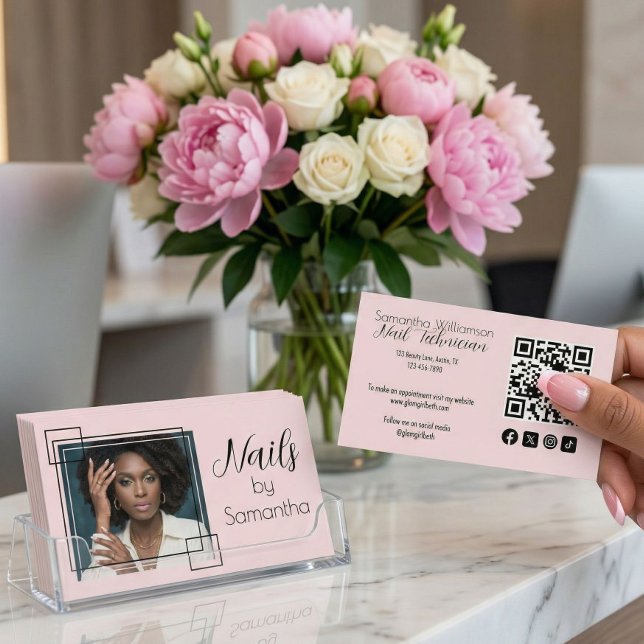 Carte De Visite Code QR social écriture rose blush Photo Technique (Créateur téléchargé)