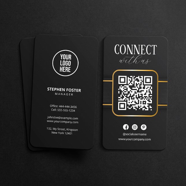 Carte De Visite Code QR social élégant noir et or pour nous connec (Créateur téléchargé)
