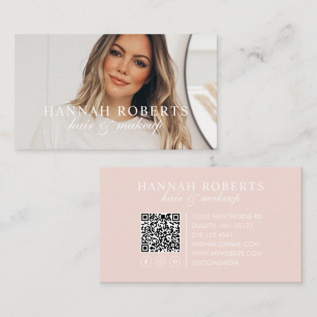Carte De Visite Code QR social rose poudré écriture photo coiffure (Devant / Derrière)