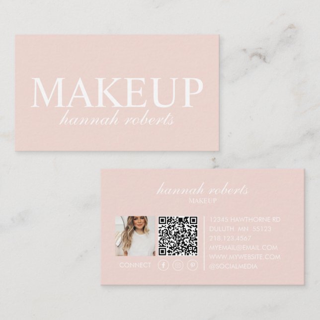 Carte De Visite Code QR Social Script Rose Pâle Maquillage Photo (Devant / Derrière)