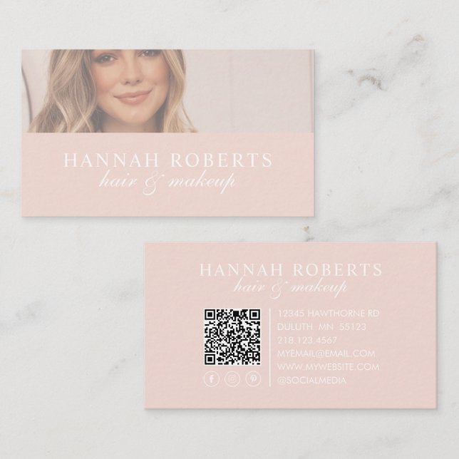 Carte De Visite Code QR Social Script Rose Pâle Photo Maquillage C (Devant / Derrière)