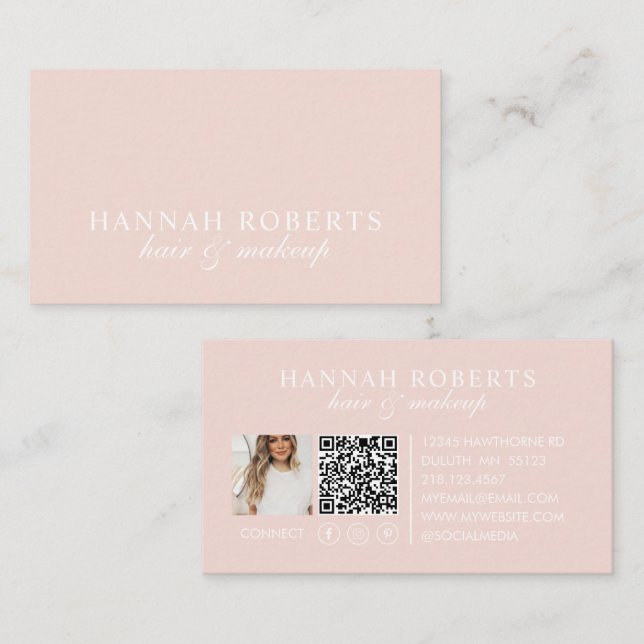 Carte De Visite Code QR Social Script Rose Pâle Photo Maquillage C (Devant / Derrière)