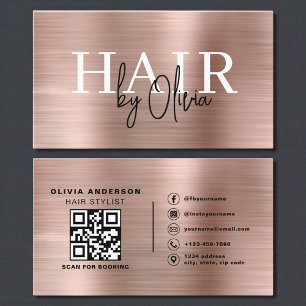 Carte De Visite Code QR Styliste de cheveux Rose Gold Faux Metalli