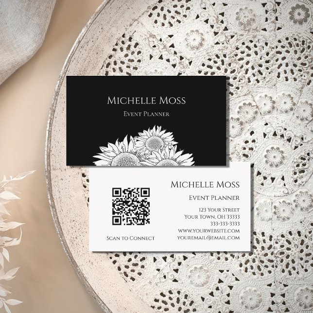 Carte De Visite Code QR Sunflowers Black White Event Planner (Créateur téléchargé)