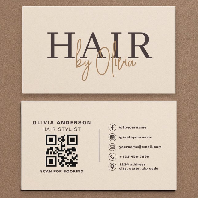 Carte De Visite Code QR sur papier beige pour coiffeur moderne (Créateur téléchargé)