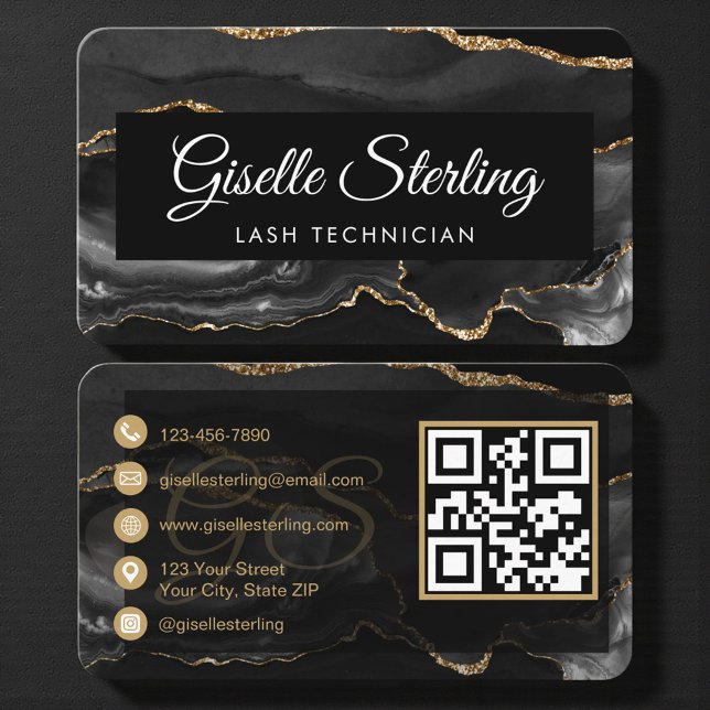 Carte De Visite Code QR Technicien de Cils Black Gold  (Créateur téléchargé)
