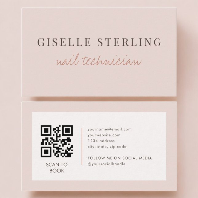 Carte De Visite Code QR Technicien en Onglerie Rose Pâle  (Créateur téléchargé)