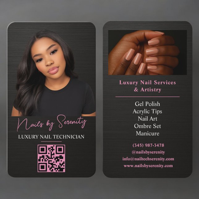 Carte De Visite Code QR Technicien en Ongles Métal Noir Rose (Créateur téléchargé)