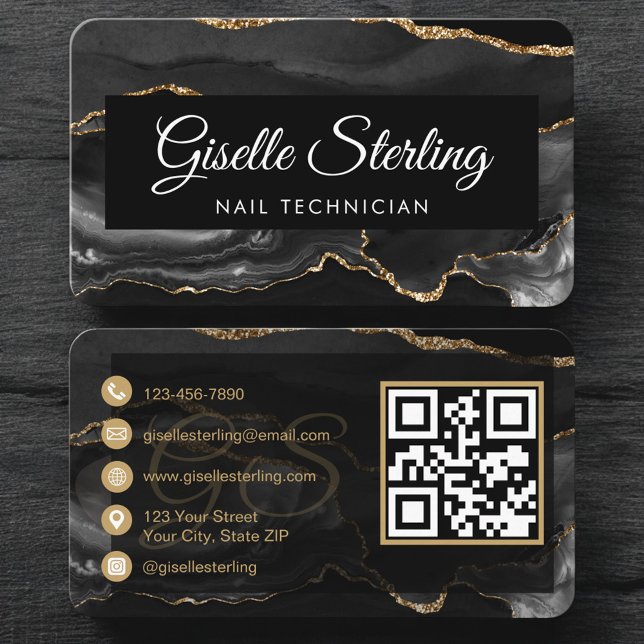Carte De Visite Code QR Technicien Ongles Luxe Noir Or (Créateur téléchargé)
