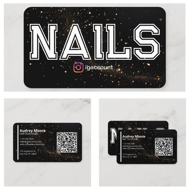 Carte De Visite Code QR Technicienne de Vernis à Ongles Profession (QR Code Golden Black Professional Nail Technician Business Card
)