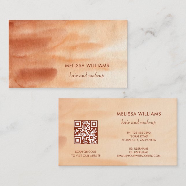 Carte De Visite Code QR Terracotta Fond simple aquarelle (Devant / Derrière)