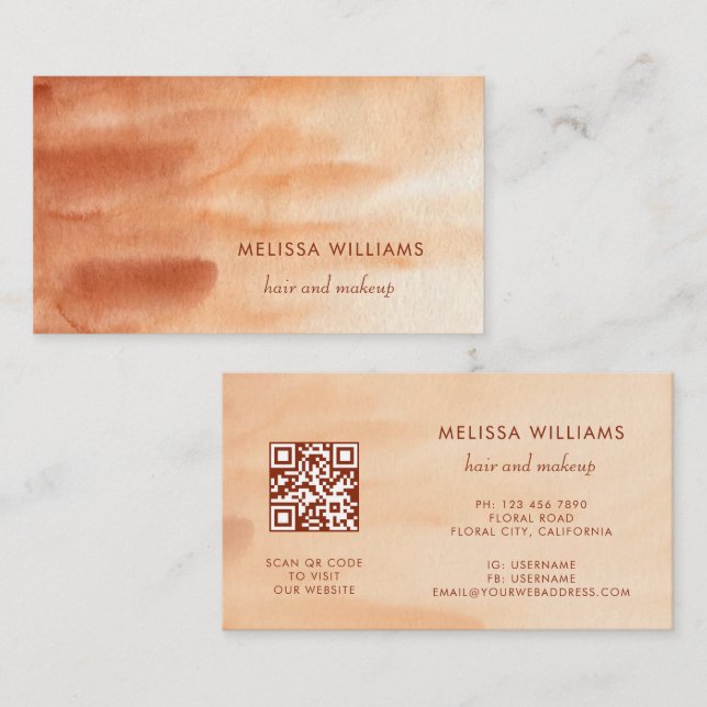 Carte De Visite Code QR Terracotta Fond simple aquarelle (Devant / Derrière)