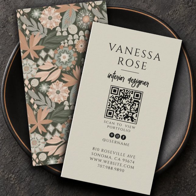 Carte De Visite Code QR Terracotta Sauge Création d'Intérieur (Créateur téléchargé)