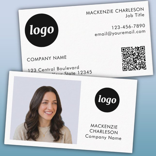 Carte De Visite Code QR texte de logo de photo simple (Logo, QR code, photo and text professional business card)
