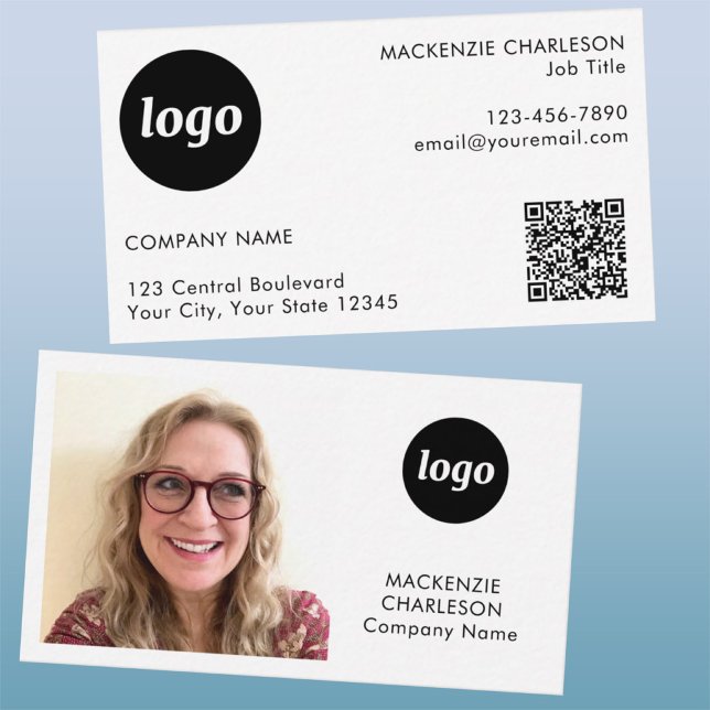 Carte De Visite Code QR texte de logo de photo simple (Simple logo with custom text QR code business branding promotional photo business card)