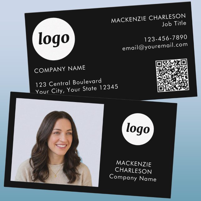 Carte De Visite Code QR texte de logo de photo simple noir (Simple photo, logo, text and QR code minimalist professional business card)