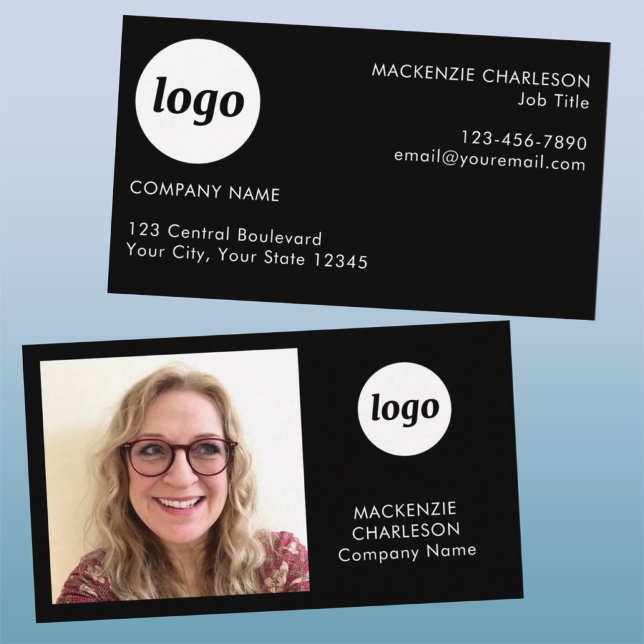 Carte De Visite Code QR texte de logo de photo simple noir (Simple logo with custom text and QR code business branding promotional photo business card)