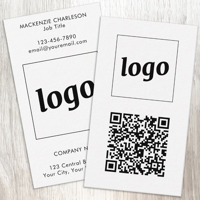 Carte De Visite Code QR texte de logo simple au format vertical (Simple logo with custom text and QR code business branding promotional vertical business cards)