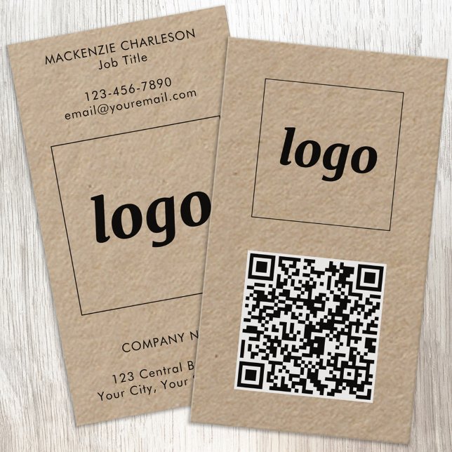Carte De Visite Code QR texte de logo simple au format vertical (Simple logo with custom text and QR code business branding promotional Kraft business cards)