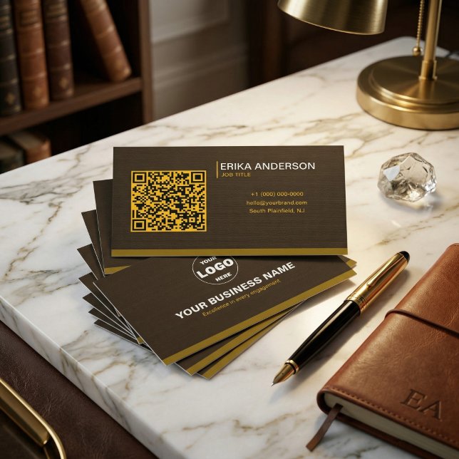 Carte De Visite Code QR Texturé Marron Foncé Luxe Minimal Or (Luxury Dark Brown Textured QR Code Minimal Gold Business Card)