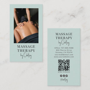 Carte De Visite Code QR Thérapeute de Massage Photo Bleu Vert