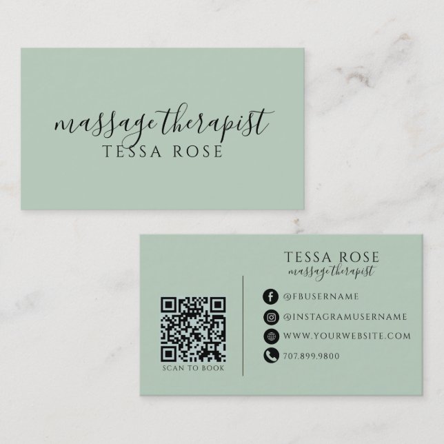 Carte De Visite Code QR Thérapeute de Massage Vert Sage (Devant / Derrière)