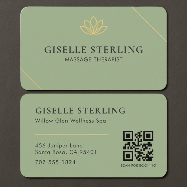 Carte De Visite Code QR Thérapeute de Massage Vert Sage  (Créateur téléchargé)