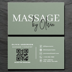 Carte De Visite Code QR Thérapeute de Massage Vert Sauge Luxe 