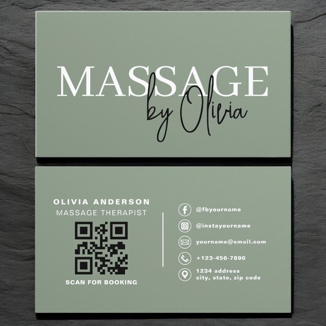 Carte De Visite Code QR Thérapeute de Massage Vert Sauge Luxe  (Créateur téléchargé)