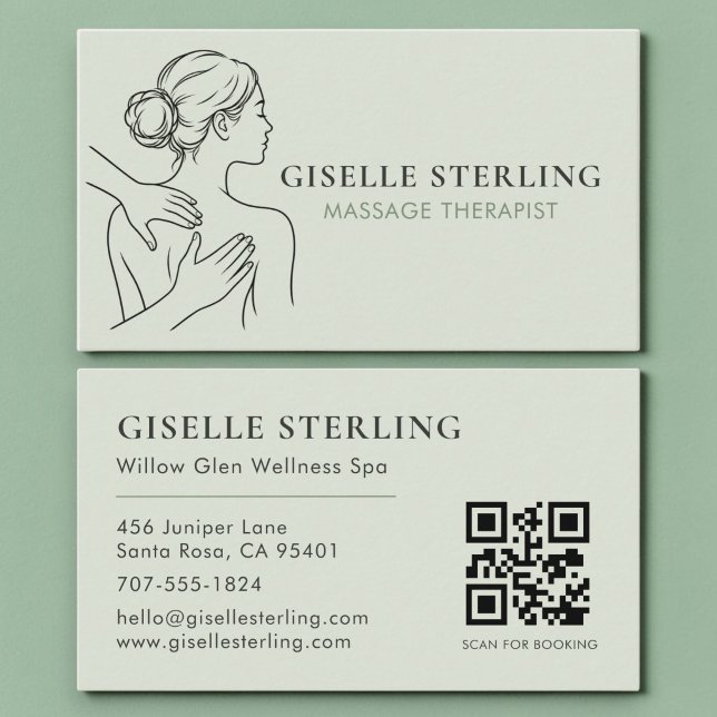 Carte De Visite Code QR Thérapeute de Massage Vert Sauge Minimalis (Créateur téléchargé)