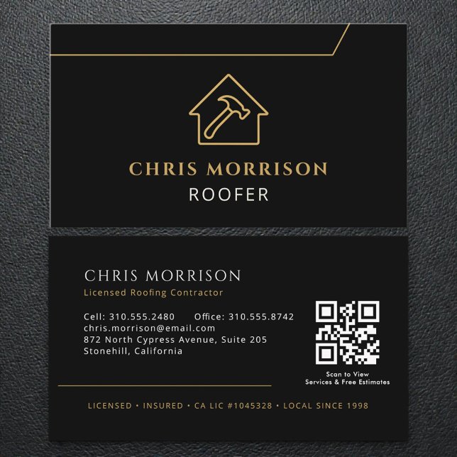 Carte De Visite Code QR Toiture Couvreur Professionnel Noir Or (Créateur téléchargé)