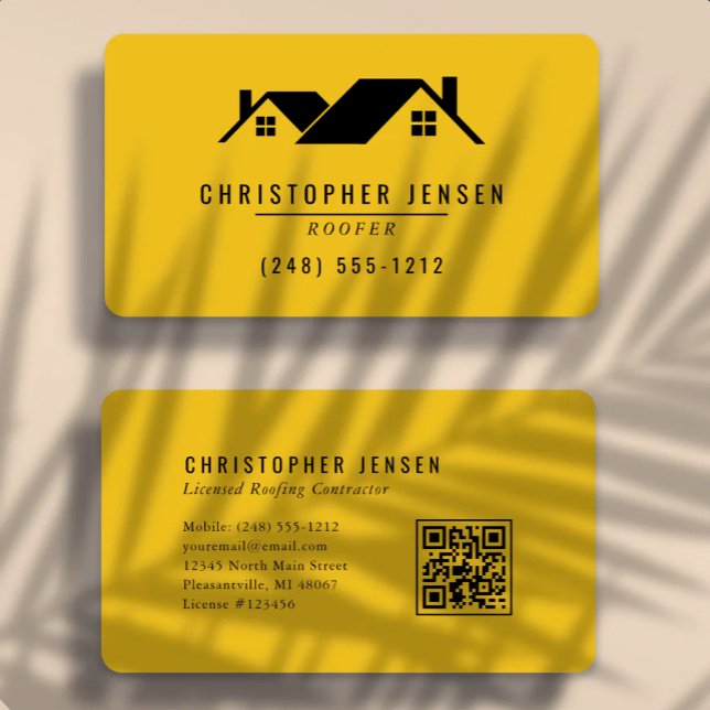 Carte De Visite Code QR Toiture Gras Jaune Noir Arrondi (Créateur téléchargé)