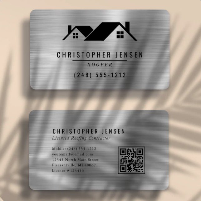 Carte De Visite Code QR Toiture Noir Argent Métallisé Arrondi (Créateur téléchargé)