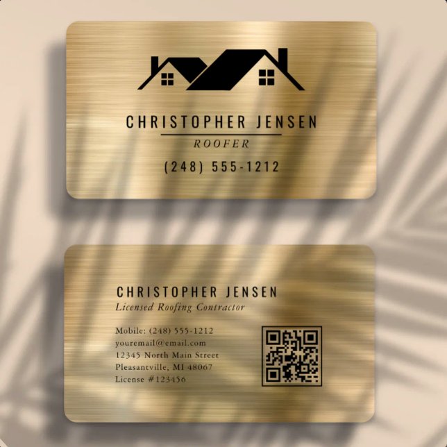 Carte De Visite Code QR Toiture Noir Or Métallisé Arrondi (Créateur téléchargé)