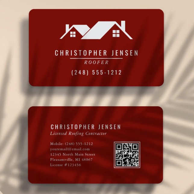 Carte De Visite Code QR Toiture Simple Bordeaux Arrondi (Créateur téléchargé)