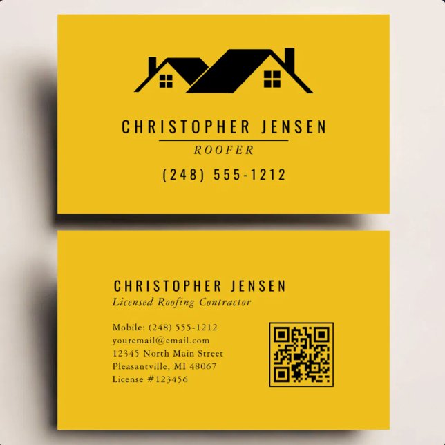 Carte De Visite Code QR Toiture Simple Jaune Noir (Créateur téléchargé)