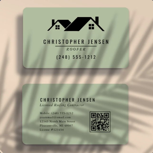 Carte De Visite Code QR Toiture Vert Sage Arrondi (Créateur téléchargé)
