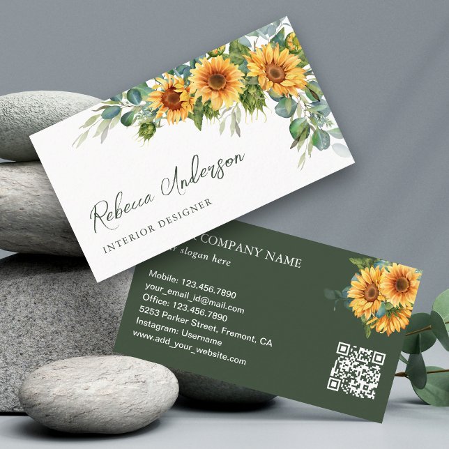 Carte De Visite Code QR Tournesols Rustiques Eucalyptus (Créateur téléchargé)