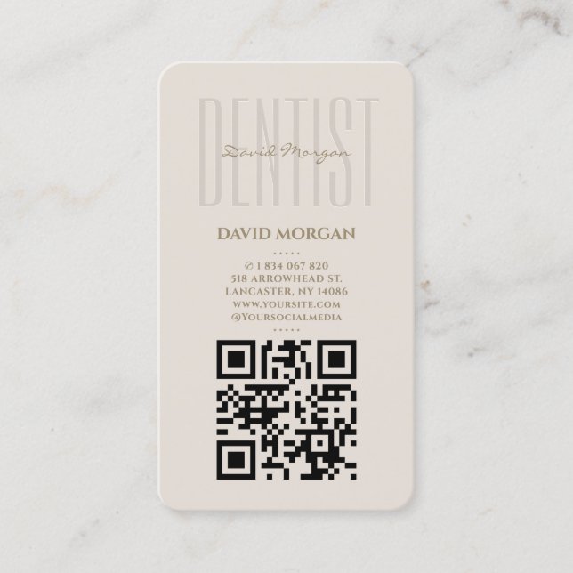Carte de visite code QR typographie beige dentiste (Devant)