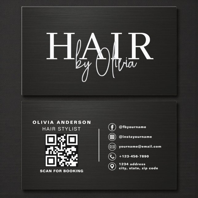 Carte De Visite Code QR Typographie Métallique Coiffeur  (Créateur téléchargé)