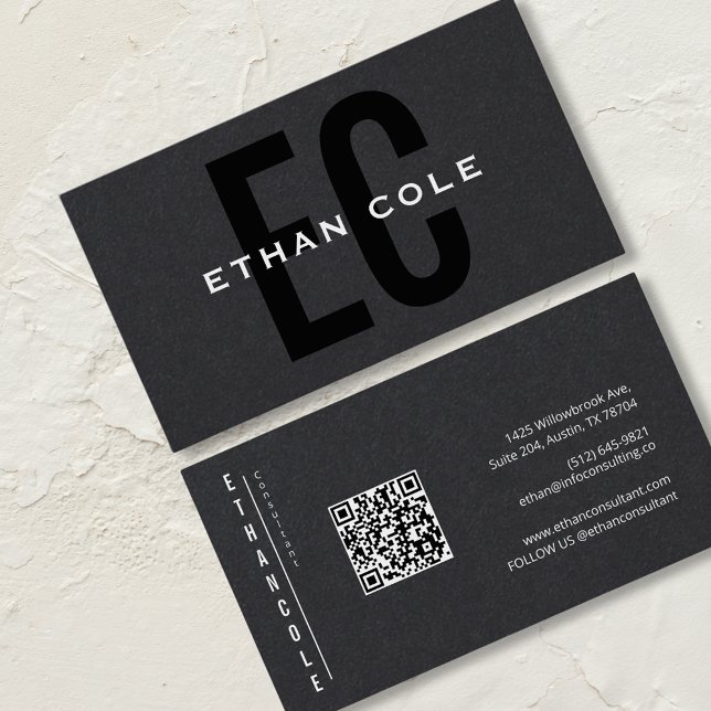 Carte De Visite Code QR Typographie Moderne Noir Professionnel  (Créateur téléchargé)