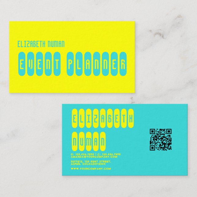 Carte De Visite Code QR typographique jaune citron et turquoise (Devant / Derrière)