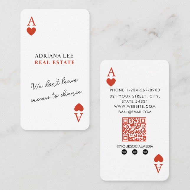 Carte De Visite Code QR unique d'agent immobilier As de Cœur  (Devant / Derrière)